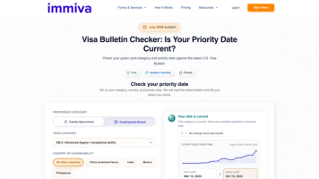 Immiva Visa Bulletin Checker tool page showing how to check if your green card priority date is current against the latest U.S. Visa Bulletin