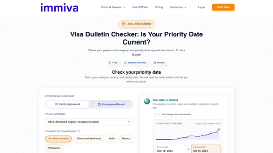 Immiva Visa Bulletin Checker tool page showing how to check if your green card priority date is current against the latest U.S. Visa Bulletin