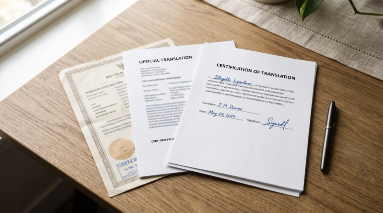 Certified Translation for USCIS Document Stack | Immiva A foreign-language civil record, its English translation, and a signed certification statement stacked on a desk, showing what a certified translation for USCIS includes.