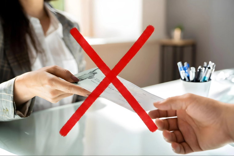 USCIS Ends Check Payments: Pay Filing Fees by Card or ACH | Immiva Paper check with a large red X between two people, illustrating USCIS ending check and money order payments for filing fees—use ACH or credit/debit instead.
