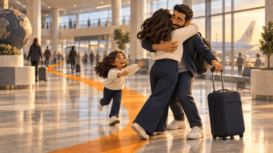Family reunion at an airport | Immiva A family embraces in an airport arrivals hall after reuniting.