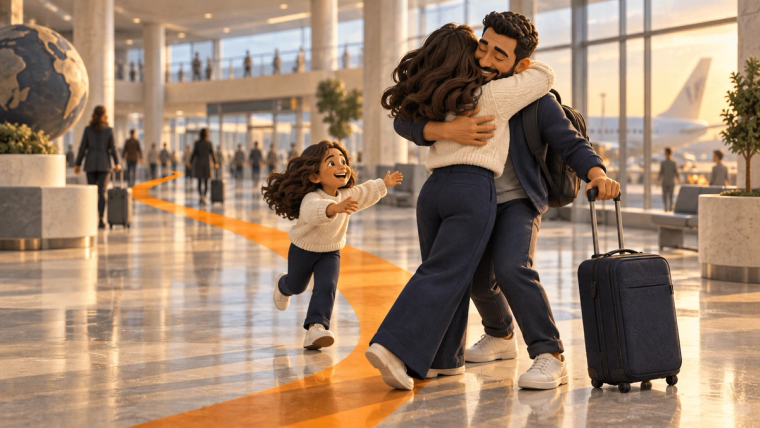 Family reunion at an airport | Immiva A family embraces in an airport arrivals hall after reuniting.