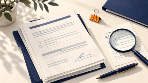 I-485 Common Mistakes Review Before Filing | Immiva I-485 common mistakes review illustrated with application papers, a checklist, and a magnifying glass