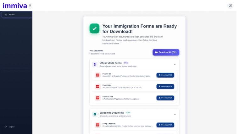 Immiva I-485 Packet Download with I-485, I-864 and G-1145 | Immiva Immiva download screen showing the completed Form I-485, Form I-864, and Form G-1145 plus a filing checklist, ready to download as a packet