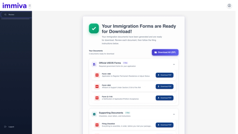 Immiva download screen showing the completed Form I-485, Form I-864, and Form G-1145 plus a filing checklist, ready to download as a packet