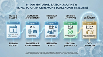 N-400 Processing Timeline 2026 Citizenship Application | Immiva N-400 processing time timeline showing 5-6 month citizenship application stages