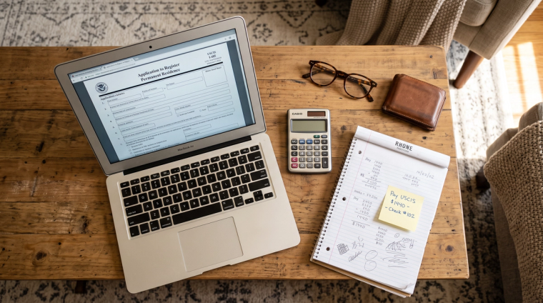 Budgeting immigration lawyer cost at home in 2026 | Immiva Person calculating immigration lawyer cost and USCIS filing fees at a kitchen table with a laptop showing Form I-485, a calculator and a handwritten notepad