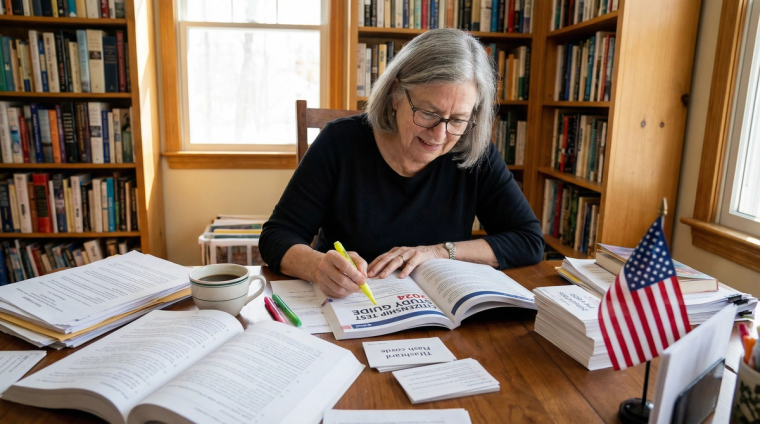 Person Studying Citizenship Test Materials | Immiva Person studying US citizenship test materials with documents and notes