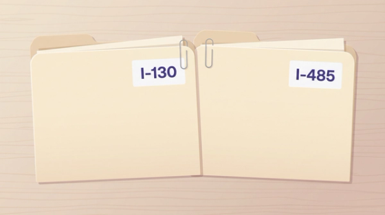 I-130 and I-485 Concurrent Filing Folders | Immiva Two manila file folders labeled I-130 and I-485 clipped together on a wooden desk, illustrating concurrent green card filing