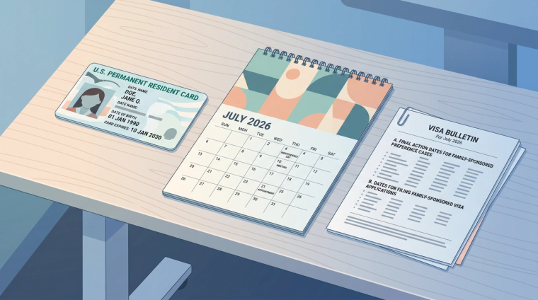 July 2026 Visa Bulletin Green Card Priority Dates | Immiva Photorealistic green card beside a July 2026 calendar representing the July 2026 visa bulletin priority date update