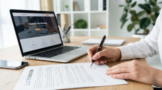Entrepreneur signing LLC formation documents for J-2 EAD business