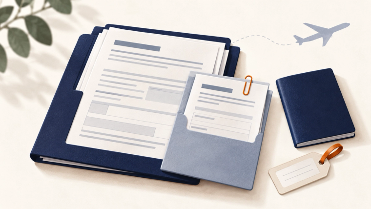 I-131 With I-485 Advance Parole Filing Package | Immiva I-131 advance parole request beside an I-485 adjustment application folder, with a closed passport and airplane silhouette on a cream desk.