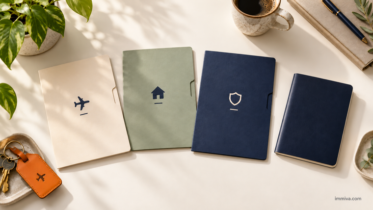 Form I-131 Travel Document Choices 2026 | Immiva Three travel document folders beside a passport illustrating the Form I-131 choice of advance parole, reentry permit, or refugee travel document