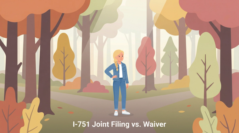 Woman at I-751 Joint Filing vs Waiver Crossroads in Autumn Forest | Immiva Young woman standing at a crossroads in an autumn forest with the text I-751 joint filing vs waiver, representing the decision between filing options