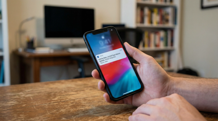 Hand Holding Phone with USCIS J-2 EAD Case Status Alert | Immiva Hand holding a smartphone displaying a USCIS alert notification for J-2 EAD case status update requiring action