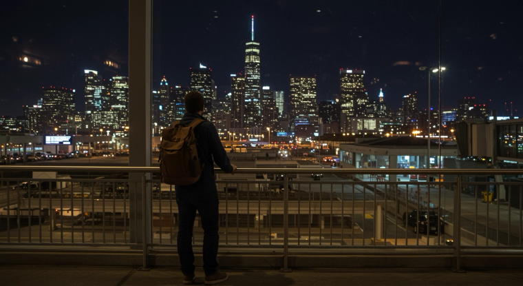 Maintaining U.S. Residence While Traveling | Immiva Traveler at airport gate looking toward U.S. city skyline illustrating continuous residence for N-400 naturalization