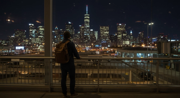 Traveler at airport gate looking toward U.S. city skyline illustrating continuous residence for N-400 naturalization
