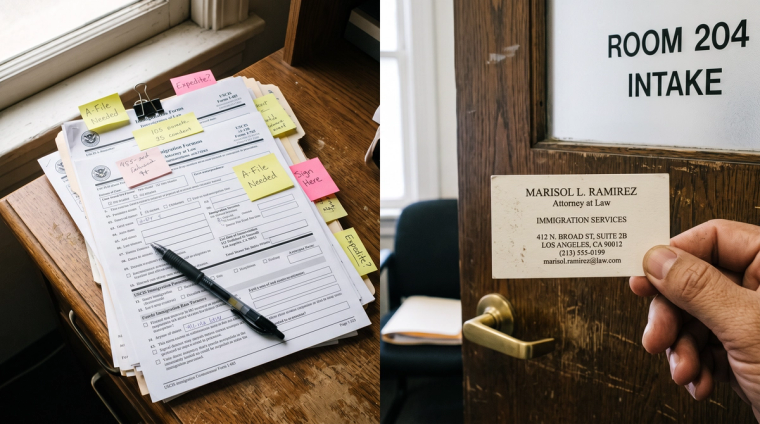 I-130 Self Filing Versus Hiring an Immigration Attorney 2026 | Immiva Split image comparing filing Form I-130 yourself, showing USCIS forms and a pen, with hiring an immigration attorney at a law office door