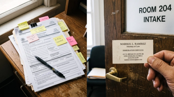Split image comparing filing Form I-130 yourself, showing USCIS forms and a pen, with hiring an immigration attorney at a law office door