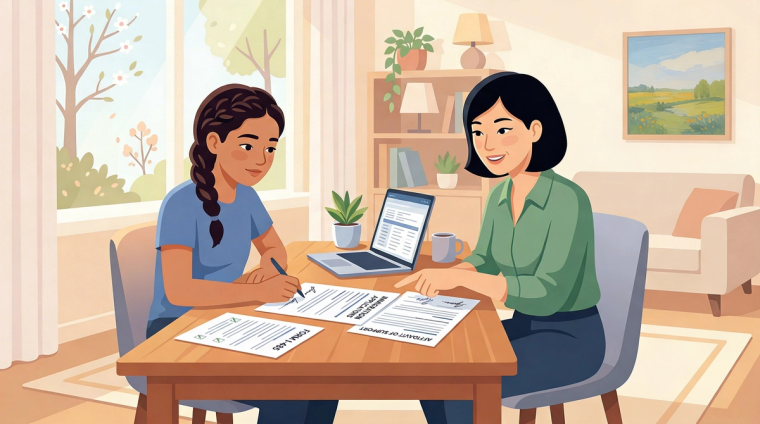 Teen Girl and Mother Completing J-2 Dependent Child EAD Application | Immiva Hispanic teenage girl and her mother seated at a table completing a Form I-765 J-2 dependent child EAD application on a laptop with immigration forms