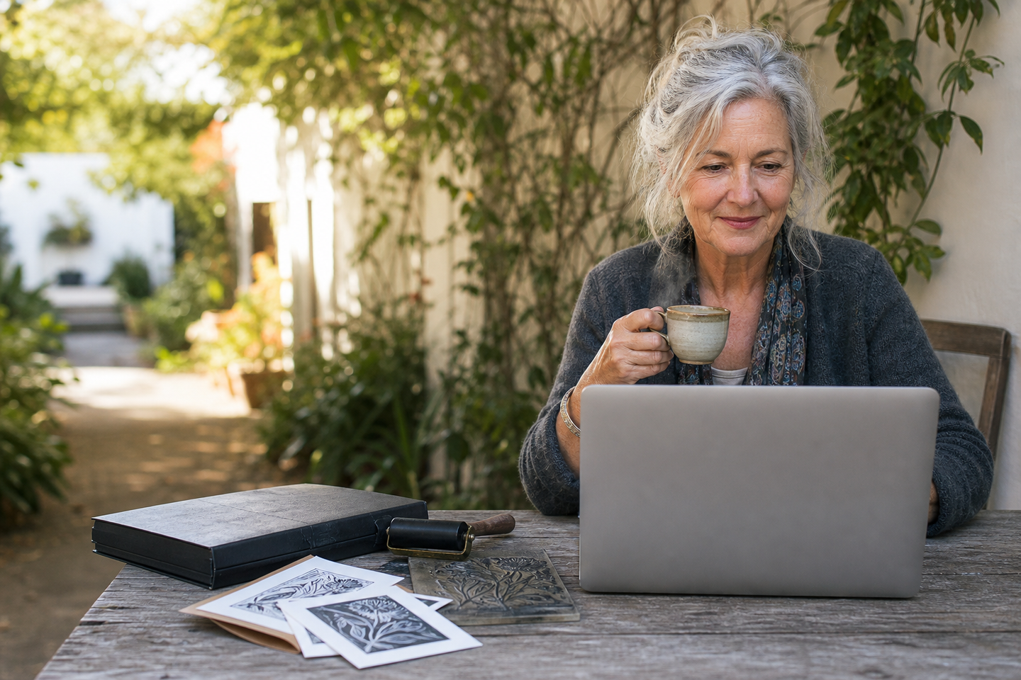 A woman sitting at an outdoor table, drinking a coffee while browsing on her laptop.