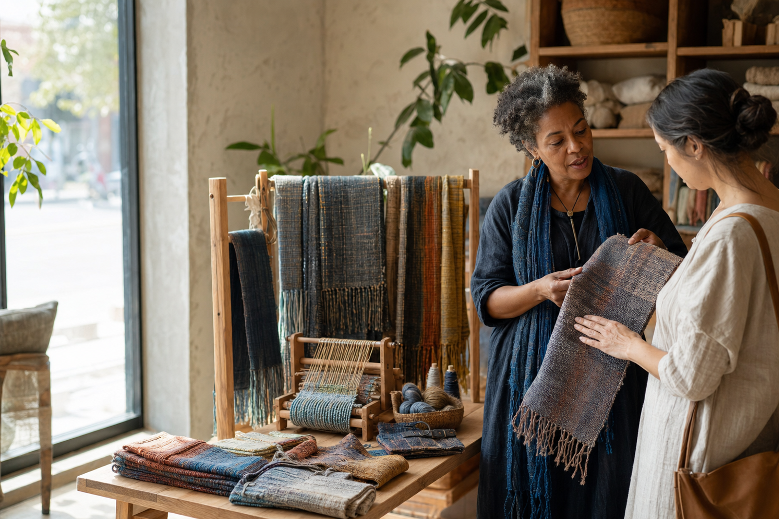 Textile artist showing a woven scarf to a customer who has entered her store.