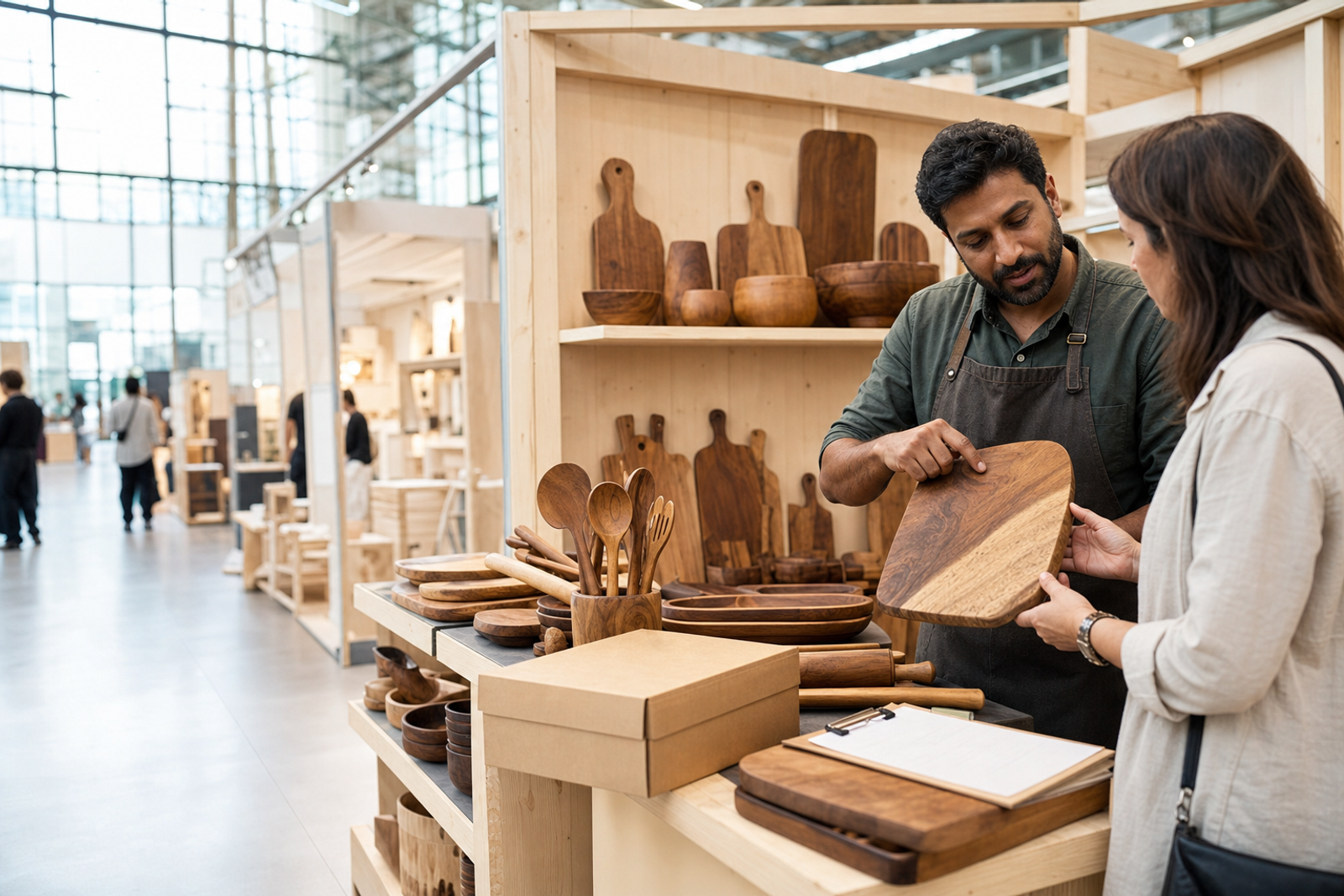 Woodworker at a wholesale trade show, showing a chopping board to a potential customer.