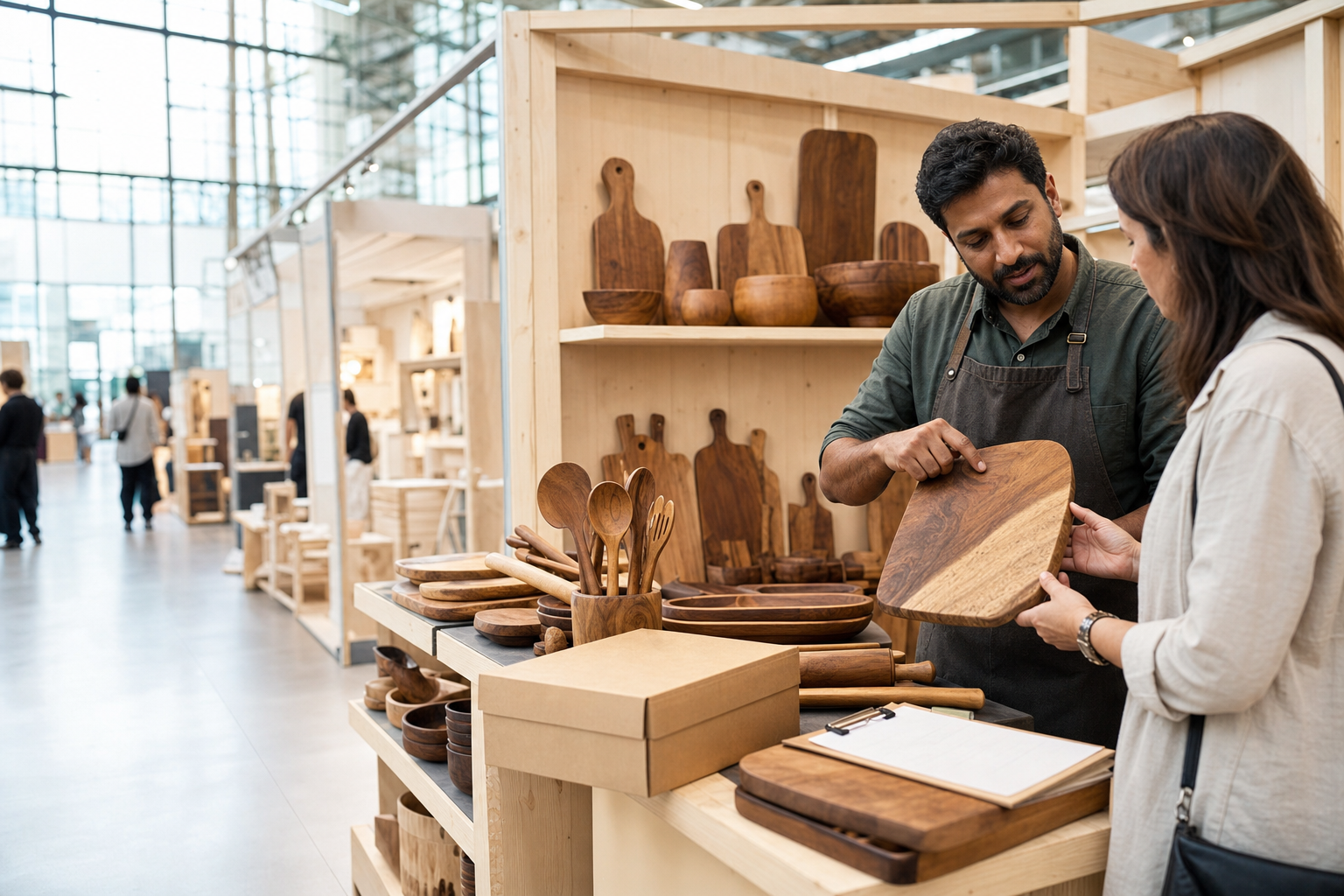 Woodworker at a wholesale trade show, showing a chopping board to a potential customer.