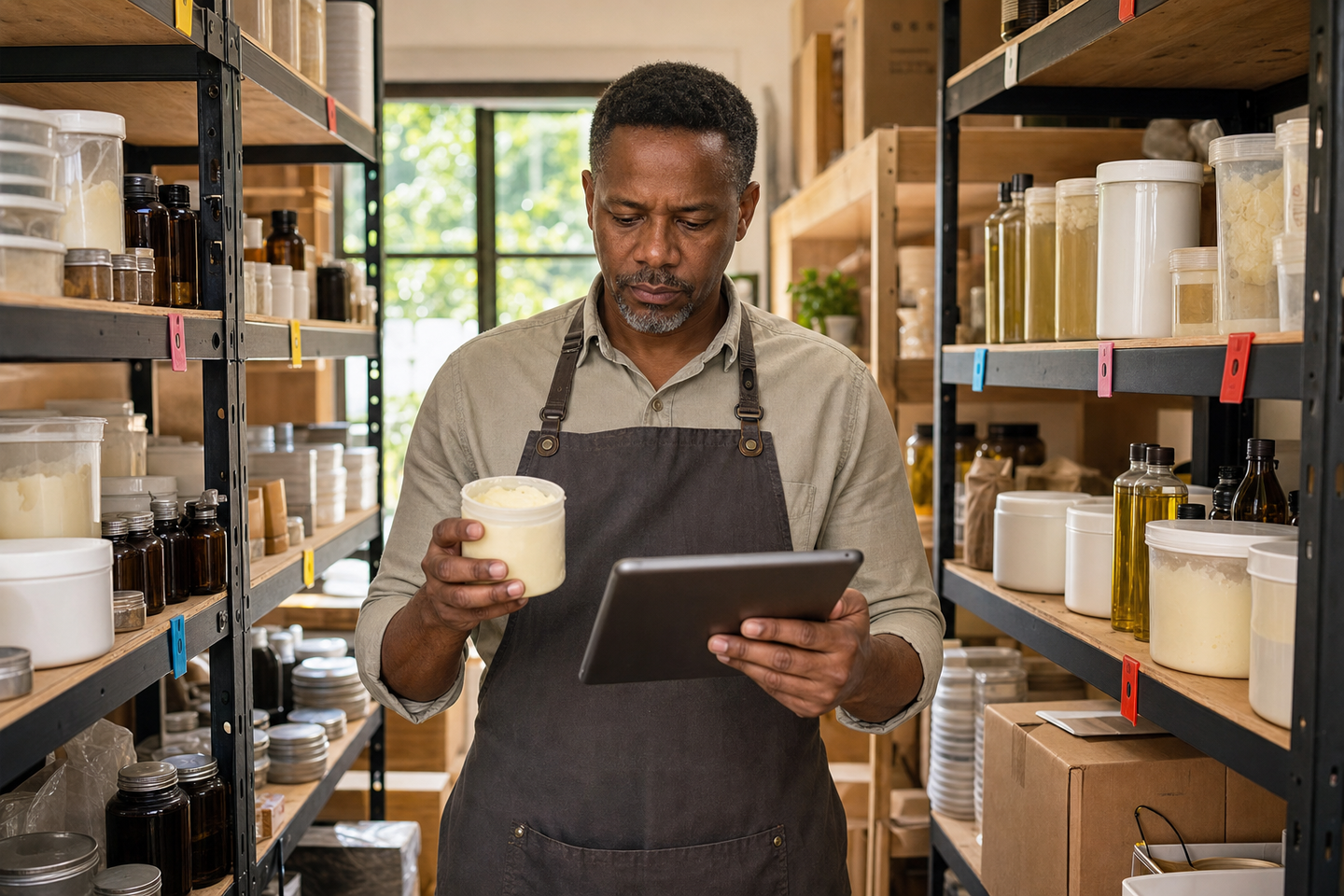 A skincare maker checking an older, partially used material lot against his tablet. Balanced shelves surround him with separately organised lots.