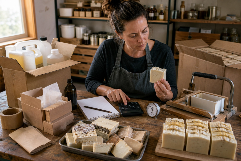 A soap maker inspecting her latest batch of soaps.