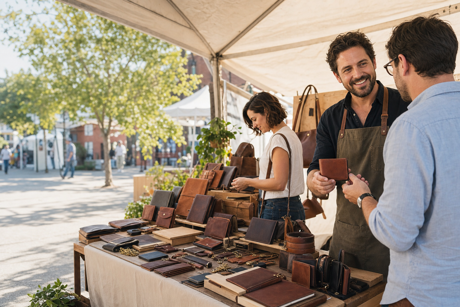 Leatherworker at a market showing his goods to a customer.