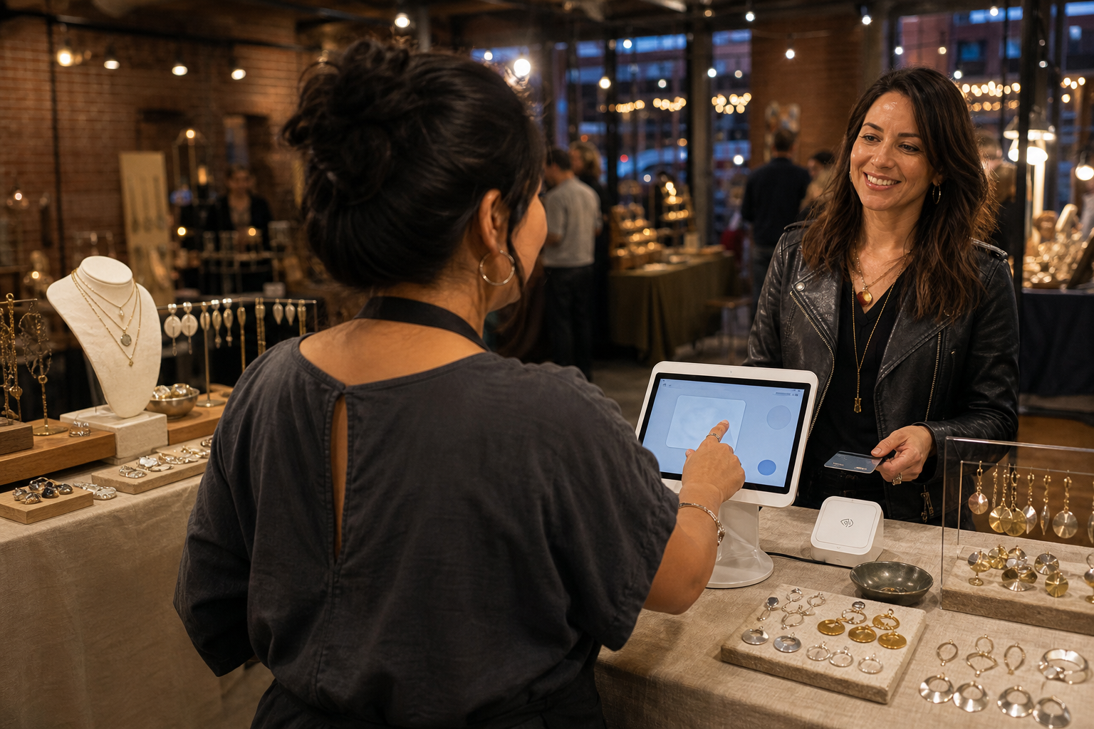 Jewellery maker using a point of sales terminal.