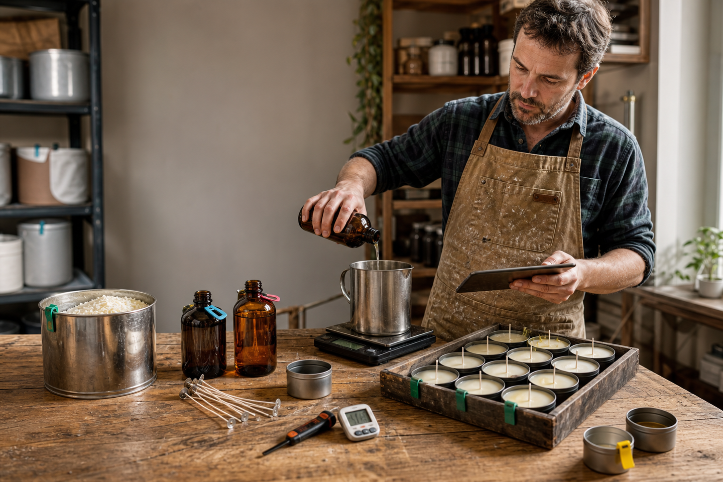 A candle maker weighing fragrance oil into a pouring pitcher on a scale, beside a tray of freshly poured tins.