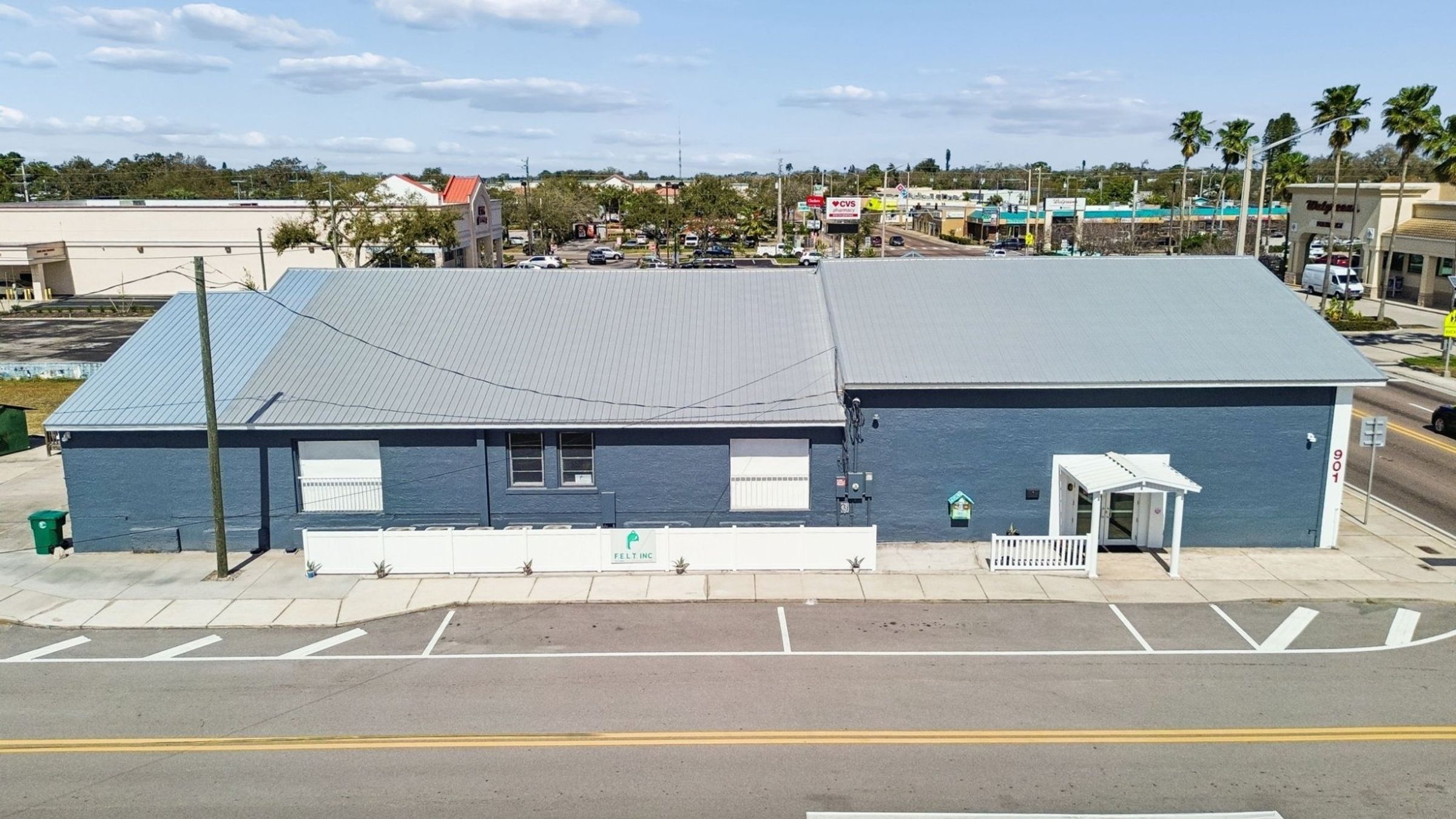 Aerial front elevation metal roof — Commercial building renovation, Palmetto
