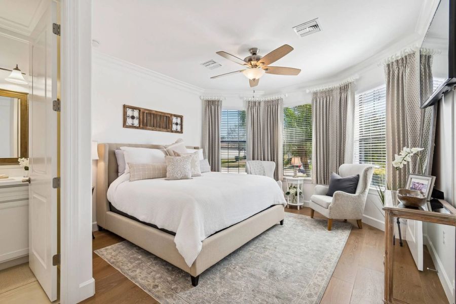 Primary bedroom upholstered bed — Whole-home renovation, Bradenton