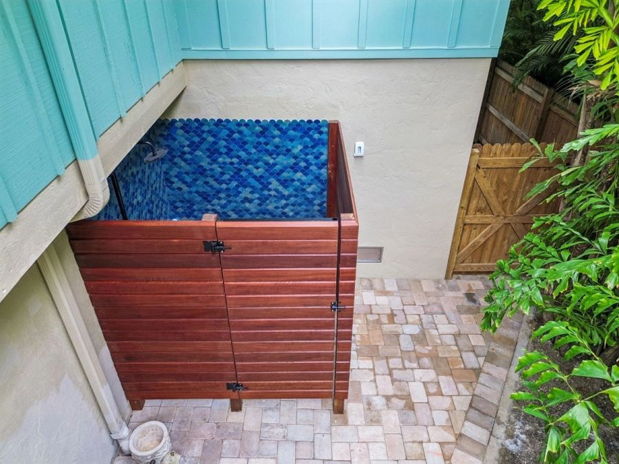 Exterior outdoor shower blue scallop tile cedar wood — Custom home addition, Longboat Key