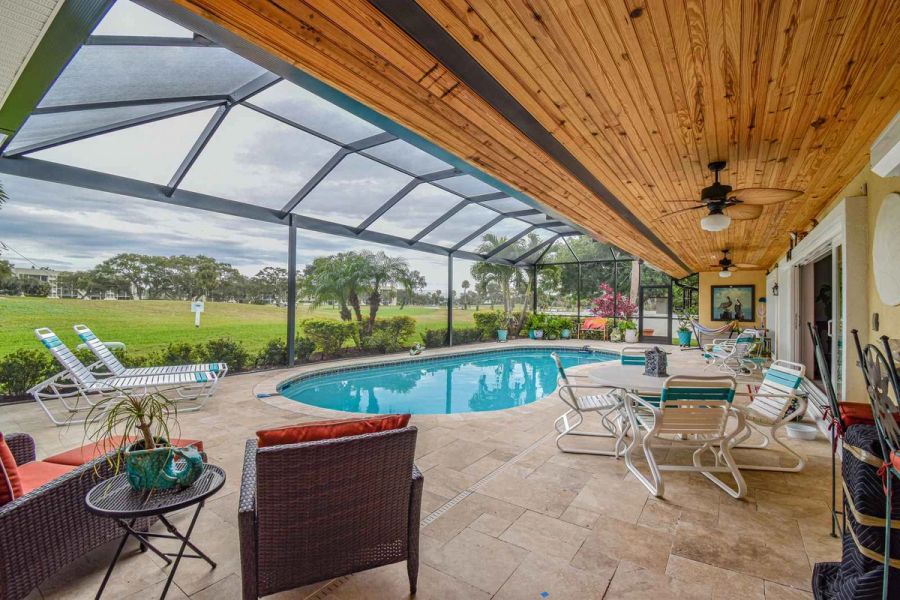 Lanai wood ceiling pool wide — Custom design-build near IMG Academy, West Bradenton