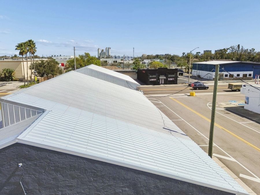 Aerial new metal roof — Commercial building renovation, Palmetto