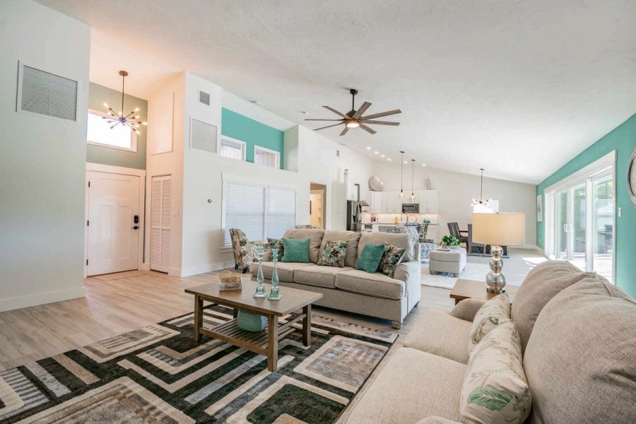 Living room with entry foyer and front door — Custom home addition, pool, and renovation, Bradenton