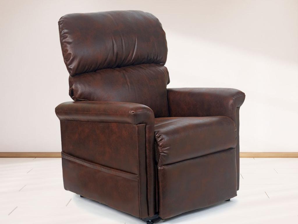 Austin lift recliner in brown fabric, upright, seen from a three-quarter angle in a room