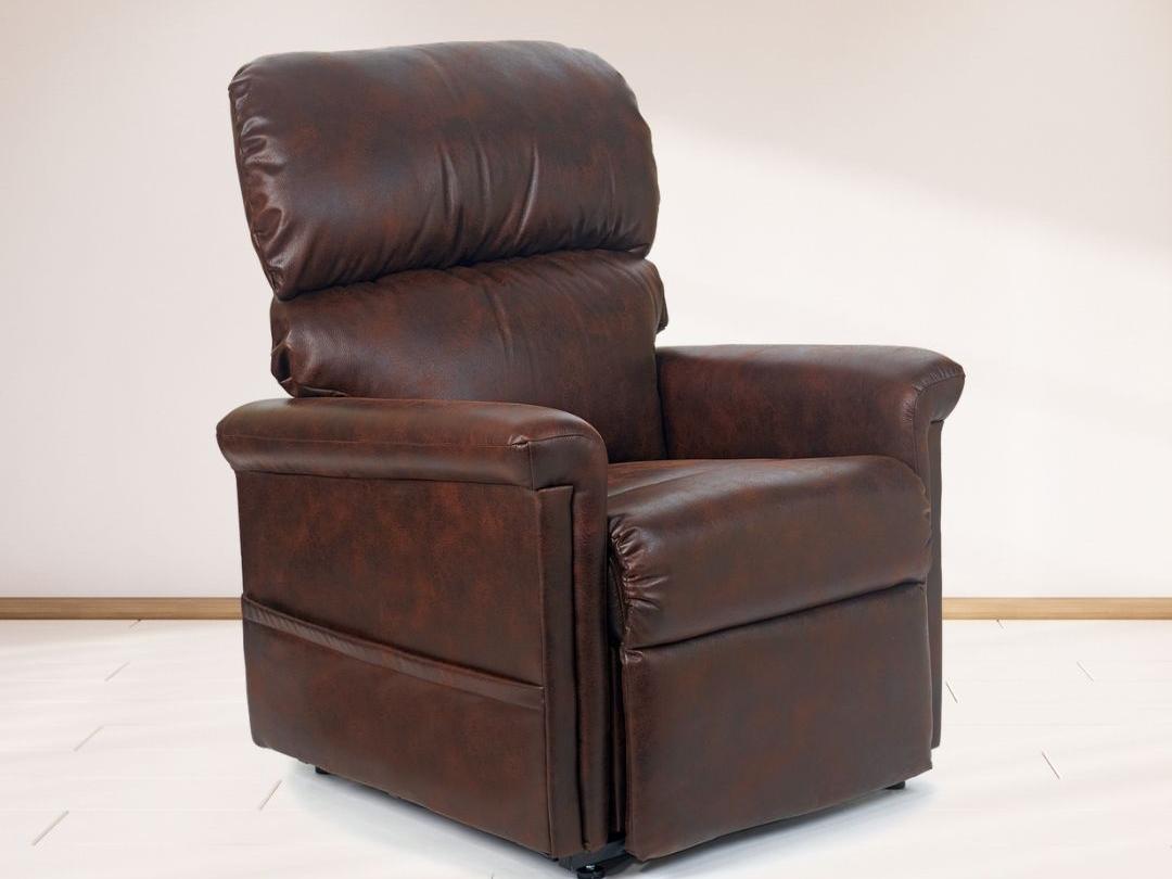 Austin lift recliner in brown fabric, upright, seen from a three-quarter angle in a room