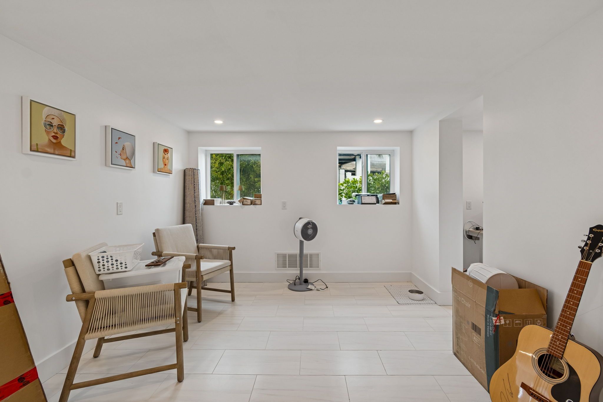 Interior bonus room tile floor natural chairs — New home construction, Longboat Key
