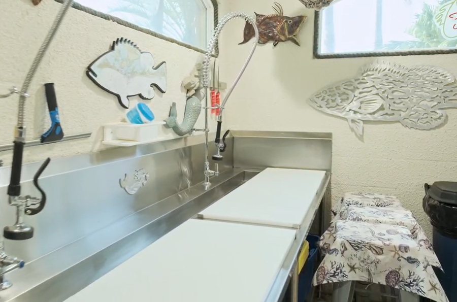 Stainless fish-cleaning station with sprayer faucets — Custom home addition, Cortez