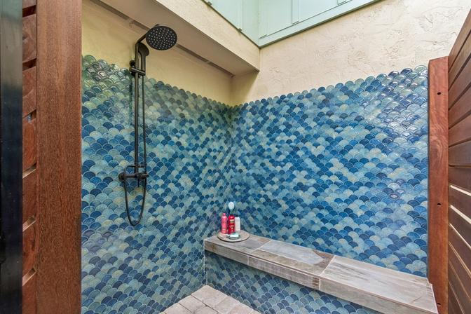 Exterior Outdoor Shower Interior Blue Fish Scale Tile Rain Head Built In Bench