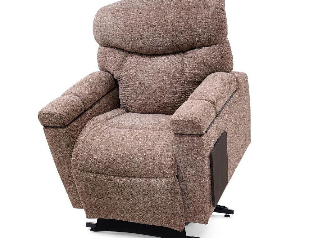 Maya recliner in taupe fabric, slightly lifted, with its tray table at the side