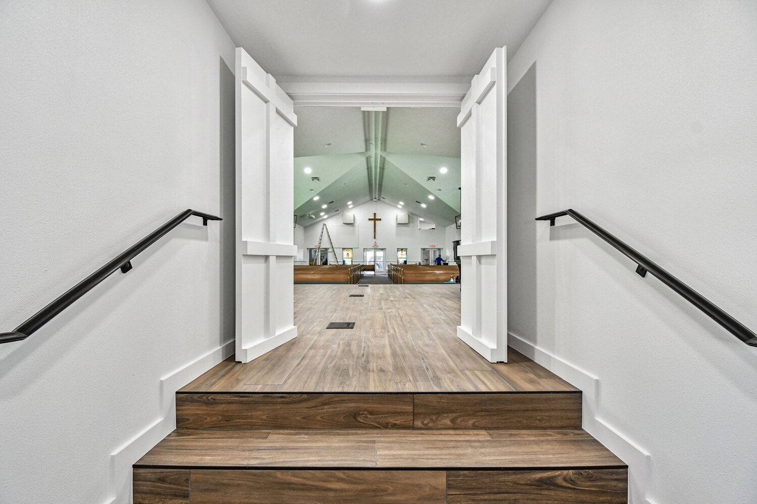 View from stage steps looking into remodeled sanctuary — Roser Memorial Community Church, Anna Maria, FL