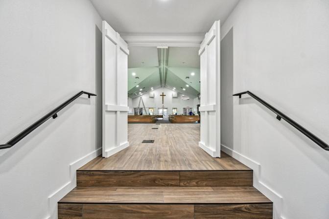 View from stage steps looking into remodeled sanctuary by Adkins Building & Construction in Anna Maria, FL