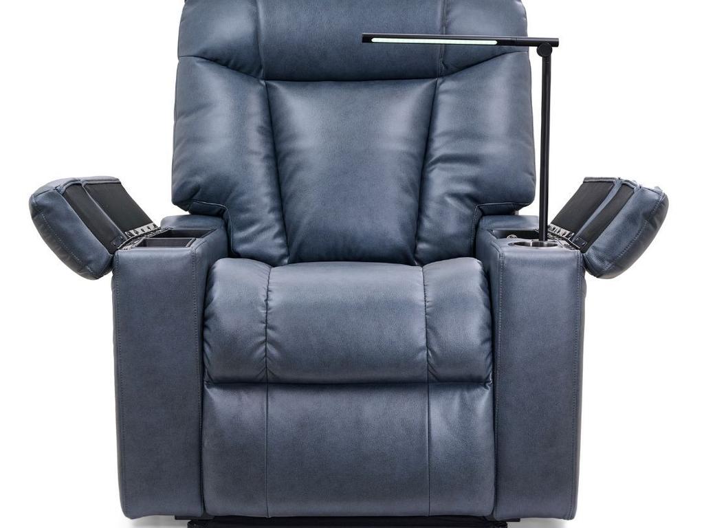 Rhodes recliner in blue-gray, front view, with arm compartments open and LED light