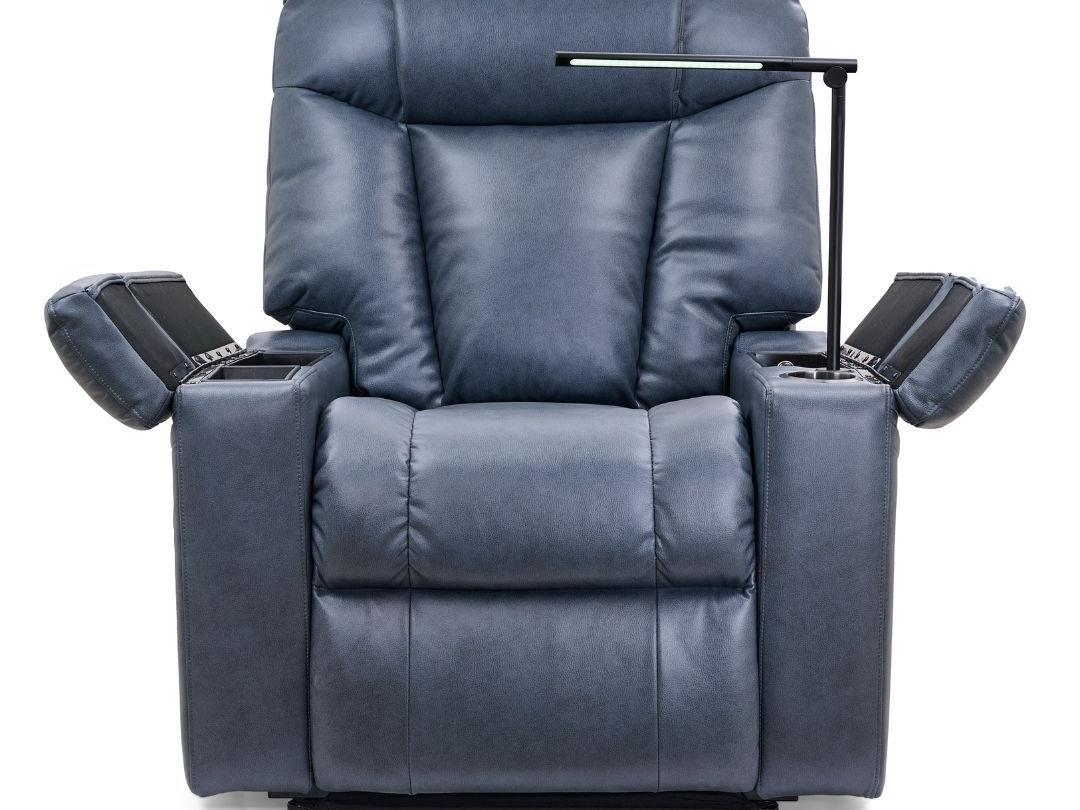 Rhodes recliner in blue-gray, front view, with arm compartments open and LED light