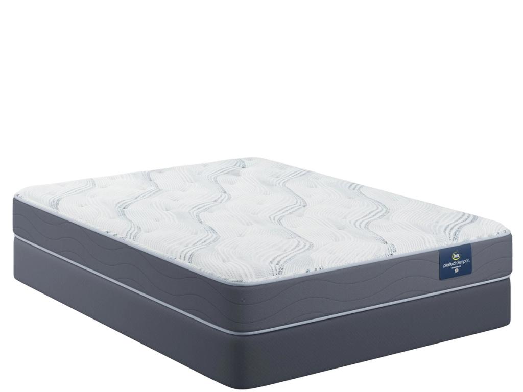Concierge Suite mattress on its foundation, angled studio shot on a white background